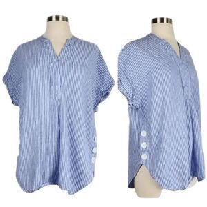 Nicole Miller Women's Blue & White Linen/Cotton Striped V-Neck Cuffed Short Slee